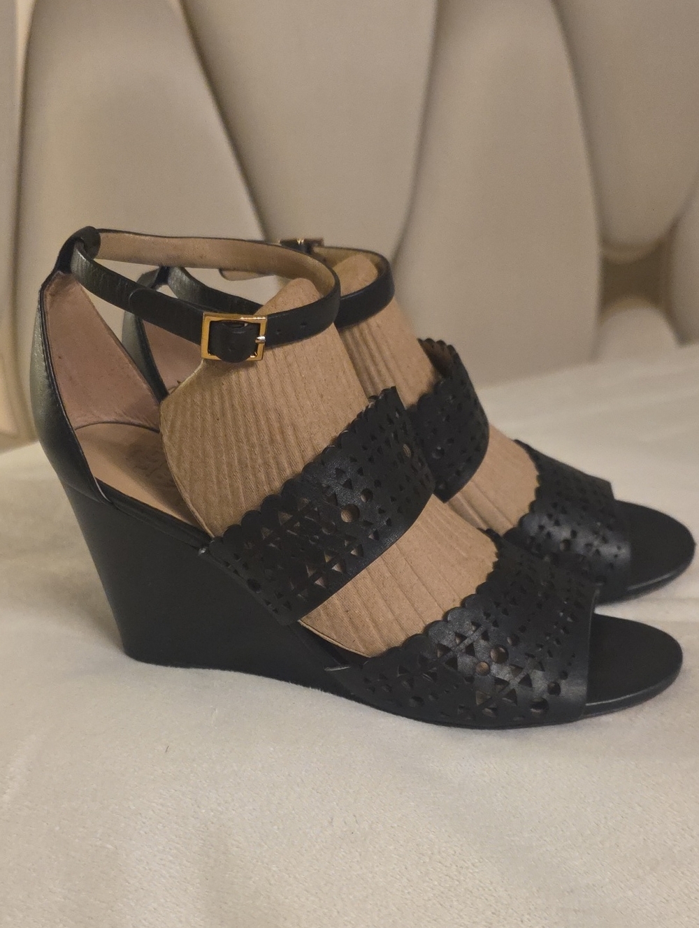 Tory Burch Black Laser-Cut All Leather Wedge Sandals with Gold Buckle Size 6.5
